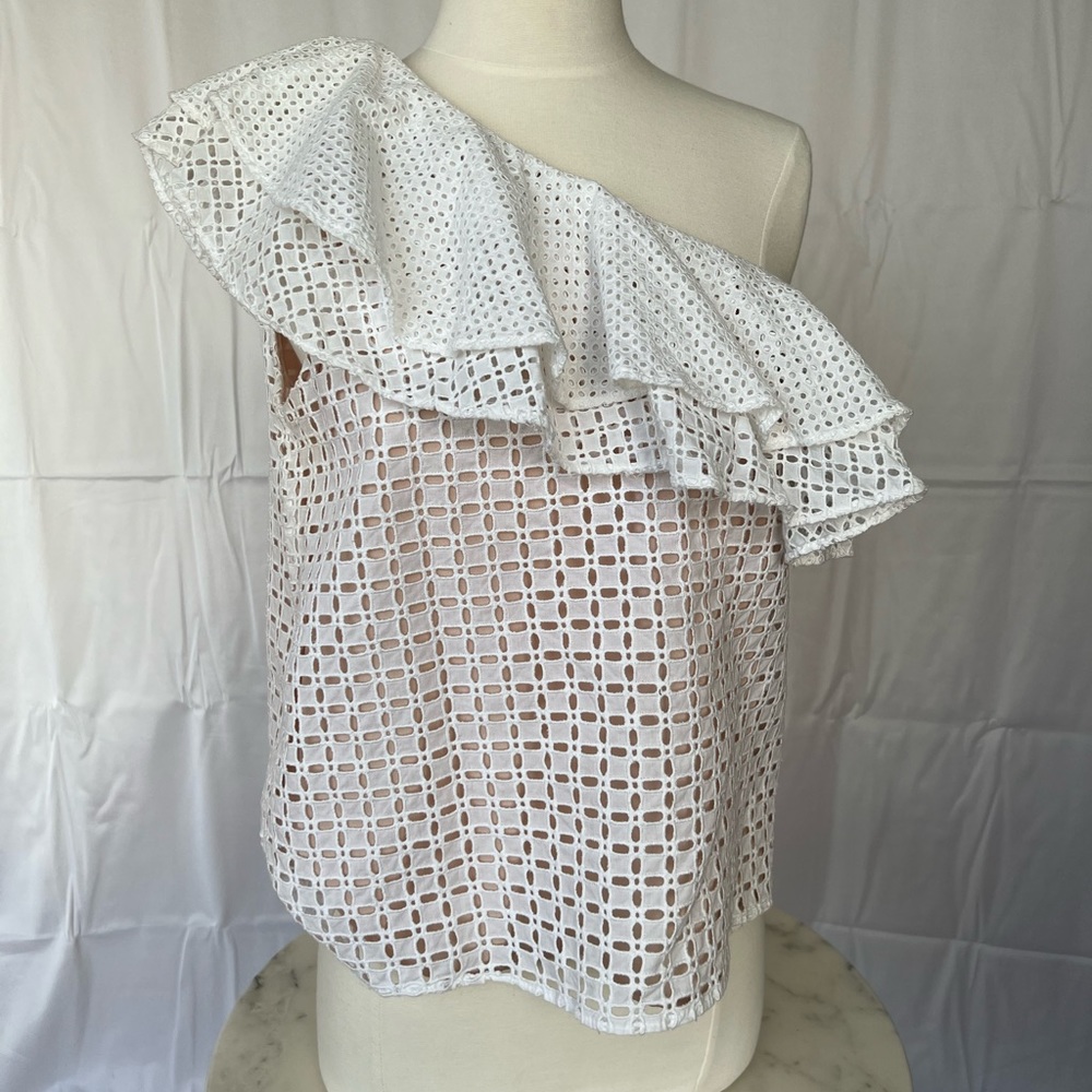J. Crew One-Shoulder Ruffle Eyelet Top. Size 8 - Picture 6 of 13